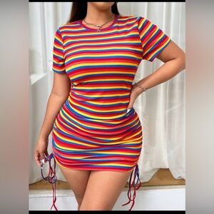 SHEIN Plus Size Rainbow
Striped Knitted Drawstring Tight Short-Sleeved Dress